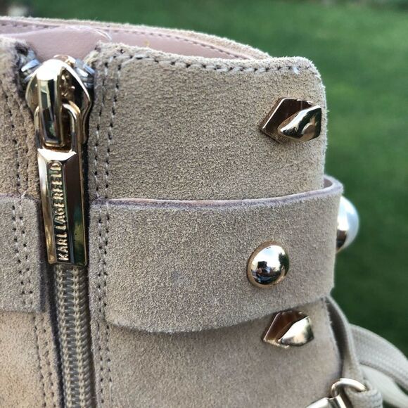 Karl Lagerfeld pearl and gold stud embellished leather lace up boots, size 10 - Picture 4 of 15